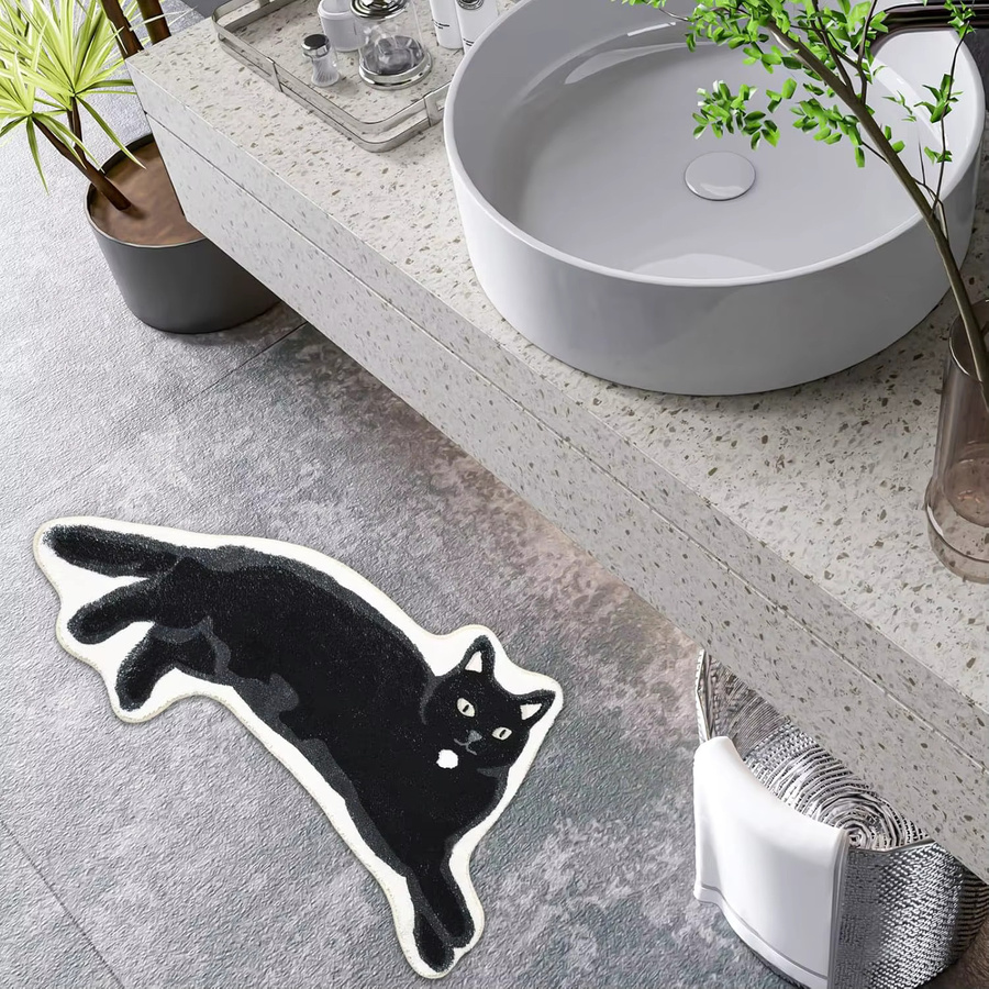 VIKAMA Rutschfester Teppich mit schwarzem Katzen-Design in Wolleoptik für Badezimmer, Küche oder Wohnzimmer, Farbe: Schwarz - Bild 4