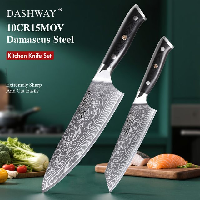 DASHWAY 2er-Set professionelle japanische Küchenmesser aus 67-lagigem Damaststahl, Bunka und Kiritsuke, Farbe: Silber - Bild 1