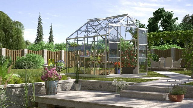 Vitavia Gewächshaus Jupiter 6700 aus Aluminium Eloxiert mit 6,7 m² und 3 mm ESG Sicherheitsglas in Silber - Bild 1