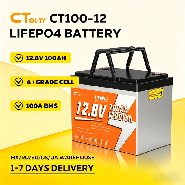 CTOLITY CT100-12 LiFePO4-Batterie 12,8 V 100 Ah 1280 Wh mit integriertem 100 A BMS für Solargeneratoren und Wohnmobile - Bild 1