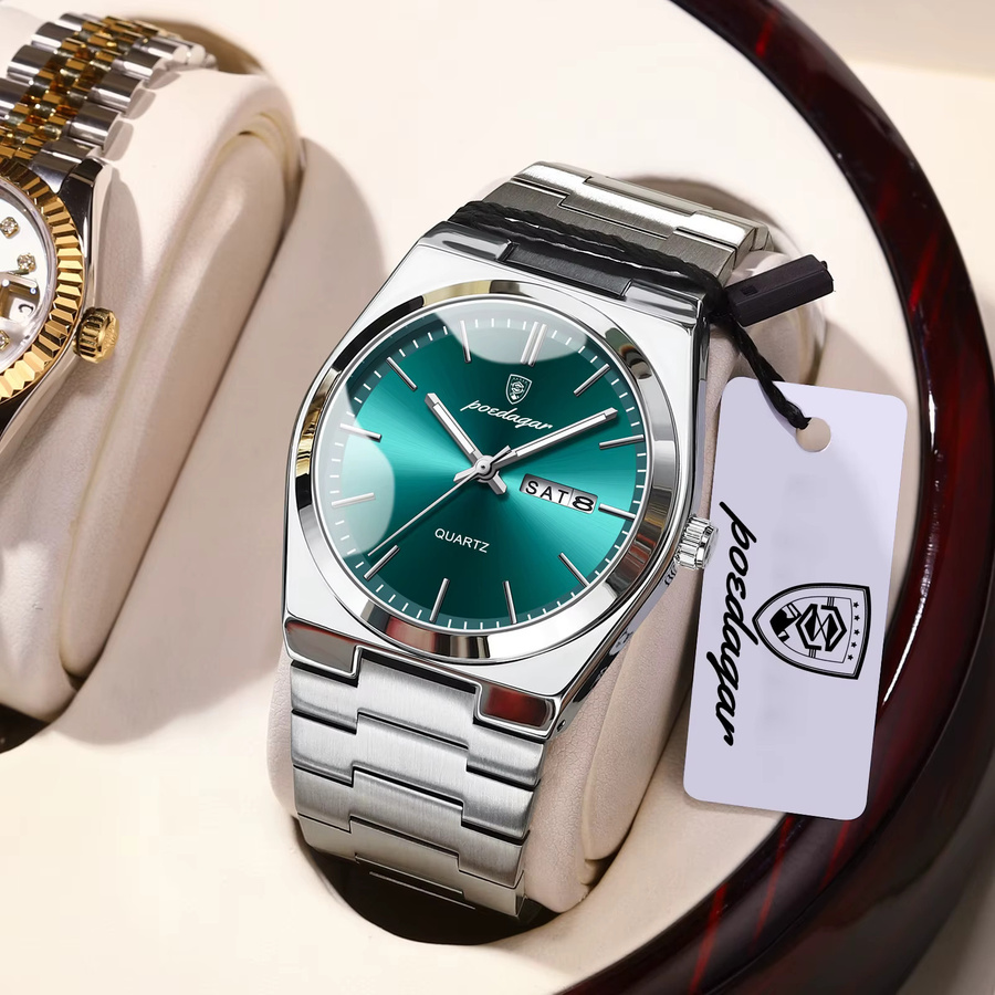 POEDAGAR Armbanduhr Edelstahl, Quarz, Blau, Herren, Datum, Wochentag - Bild 2
