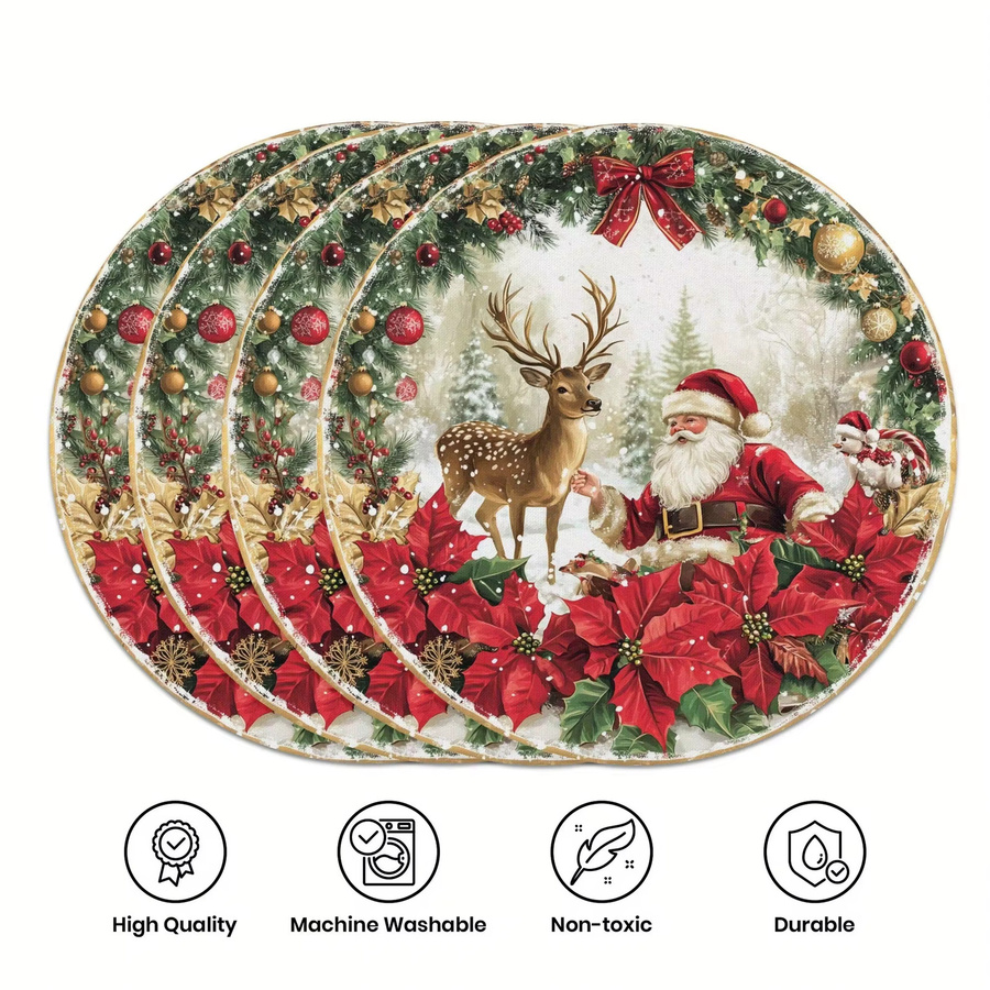 VIKAMA 4er Set Weihnachts Tischsets rund in Rot mit Weihnachtsmann- und Rentier-Motiv, wasserdicht und hitzebeständig - Bild 3