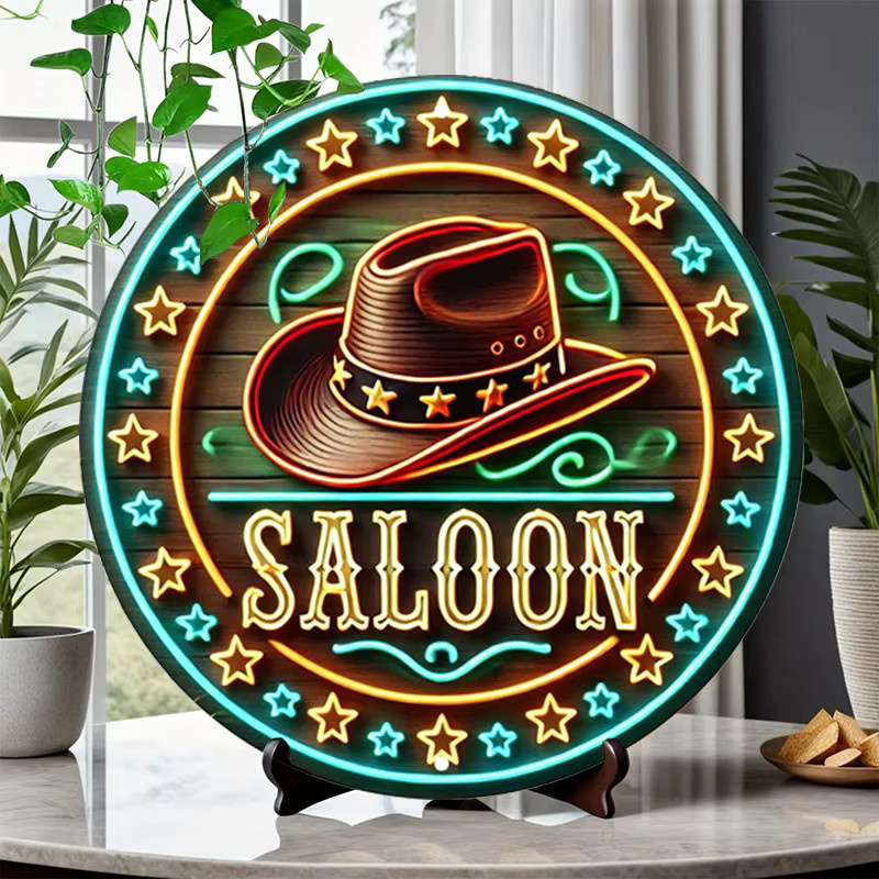 Potdemiel Retro Western Saloon Cowboyhut Rundes Metallschild mit Neonlichteffekt, Durchmesser: 20 cm, Mehrfarbig - Bild 3