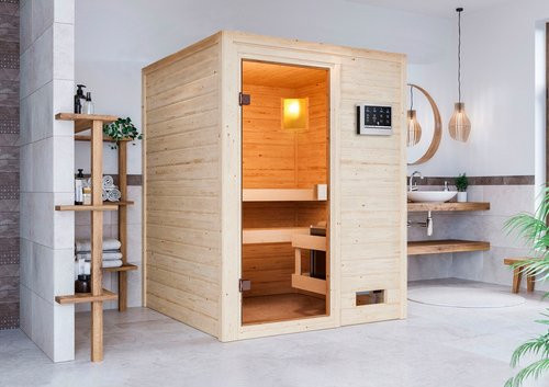Karibu Sauna Turgel aus Fichte in Braun für 2 Personen mit 3,6 kW Ofen, B/T/H: 145 x 145 x 187 cm - Bild 1