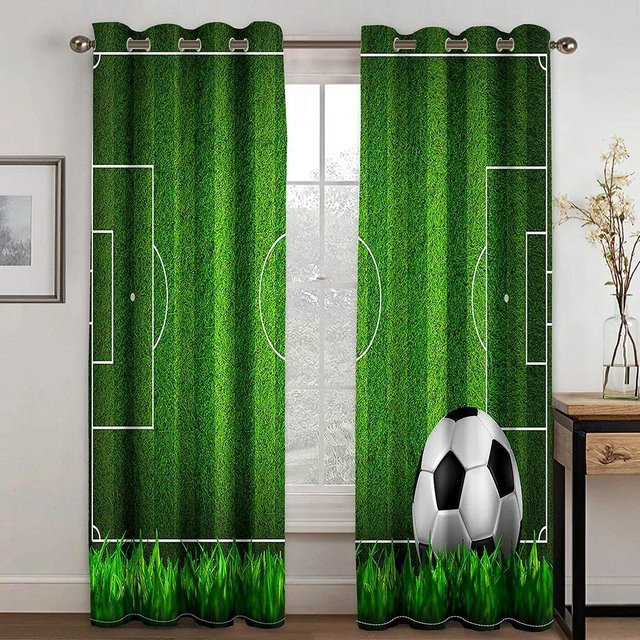 Yiran Furniture Fußball Vorhänge mit 3D Design in Rot-Weiß-Blau, 2er Set mit Haken, Breite: 50 cm, Höhe: 160 cm - Bild 1