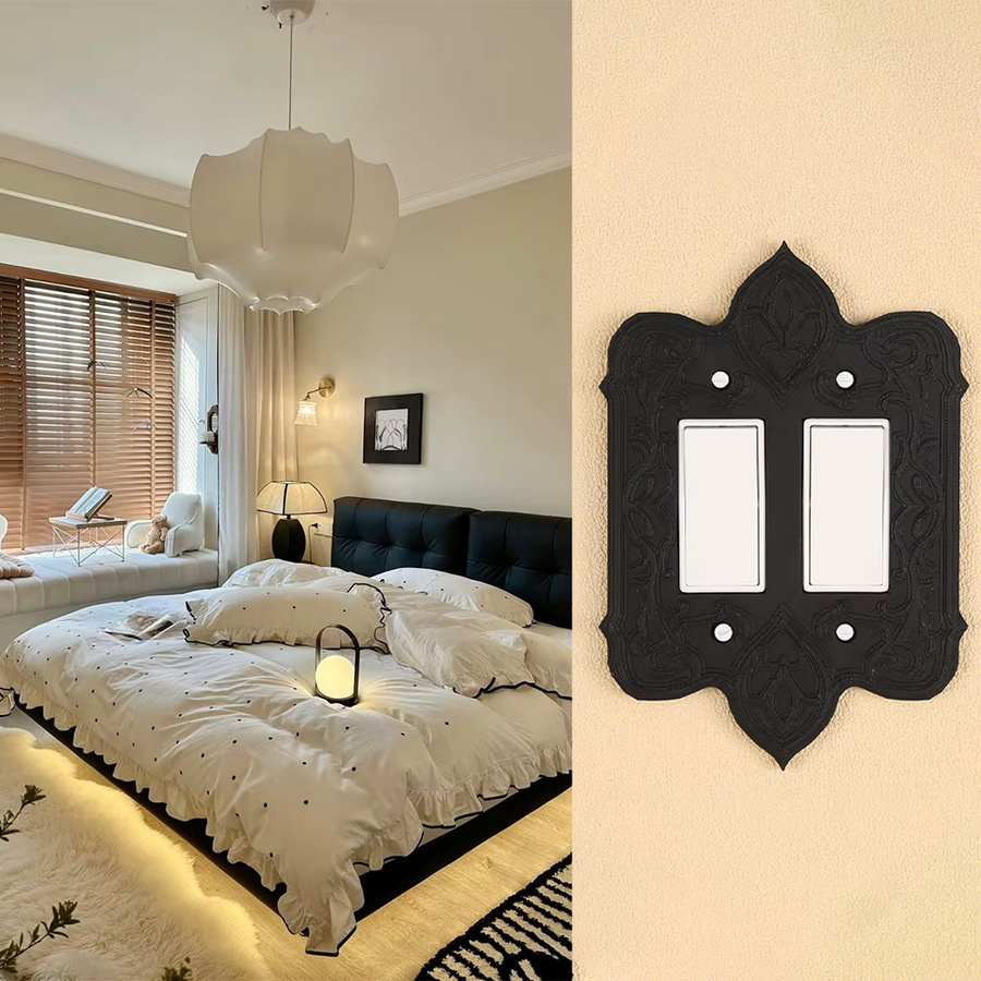 Retro-Schalter- und Steckdosenrahmen in Mattschwarz mit geschnitztem strukturiertem Design für Light Luxury Wohnstile - Bild 2