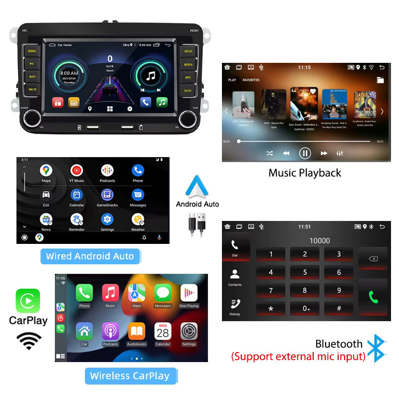 PHYEE Android-Radio 7 Zoll 2 DIN mit kabellosem CarPlay und Android Auto, DAB+ RDS, Bluetooth, GPS, 2 GB RAM, 32 GB Speicher, Schwarz, passend für VW PQ35 Golf 5/6 Jetta Touran - Bild 3