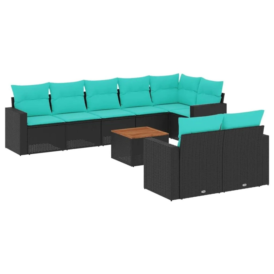 vidaXL 9-teilige Garten-Sofagarnitur aus Poly-Rattan und Akazienholz in Schwarz-Blau mit Kissen - Bild 2