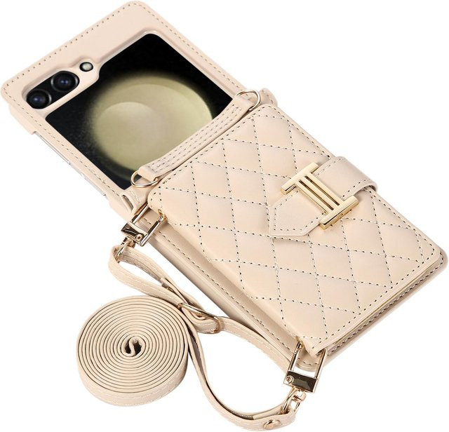 Samsung Galaxy Z Flip Crossbody Lederhülle mit Kartensteckplatz und Lanyard in Beige mit Diamantprägung - Bild 1
