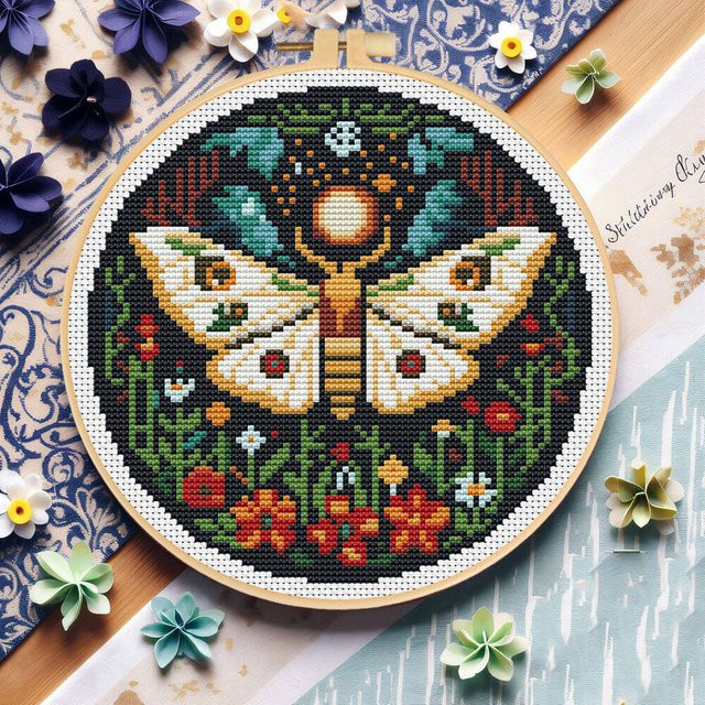 MomoArt DIY Kreuzstich-Set mit Schmetterlingsmuster und Blumen, 11 ct bedruckte Leinwand inklusive Stickrahmen und Werkzeug, Mehrfarbig - Bild 1
