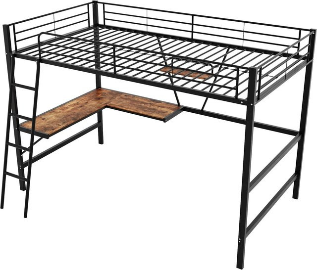 okwish Hochbett aus Metall und MDF in Schwarz mit L-förmigem Schreibtisch und Regal, B/T/H: 200 x 90 x 180,5 cm - Bild 1