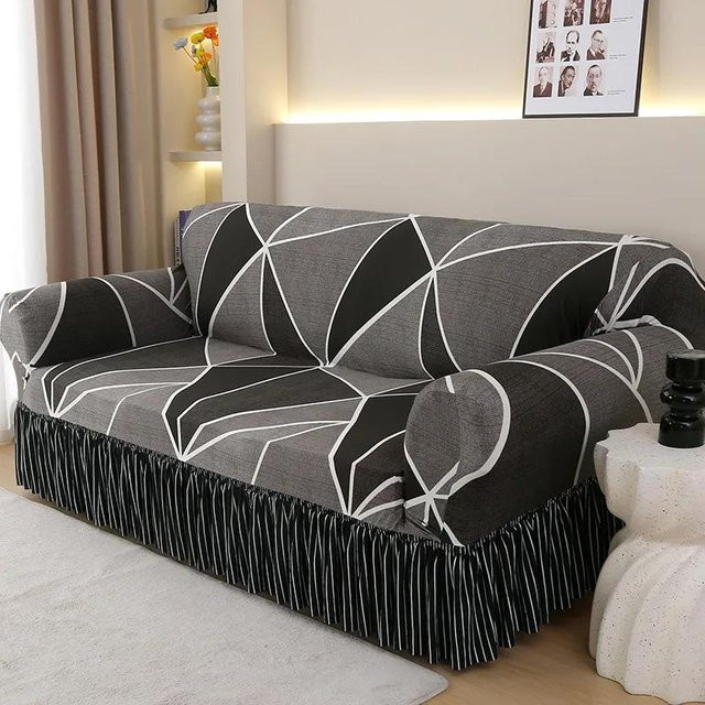 Elastischer Sofabezug mit Volant in Grau, floraler Print, rutschfest und waschbar - Bild 1