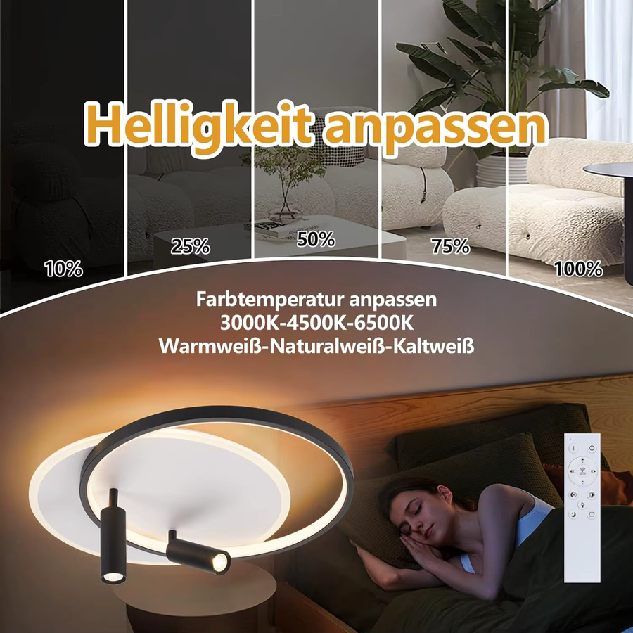 Cliheet LED-Deckenleuchte in Schwarz-Weiß, dimmbar mit Fernbedienung, moderne Deckenlampe mit zwei Strahlern für Wohnzimmer, Schlafzimmer und Küche - Bild 3