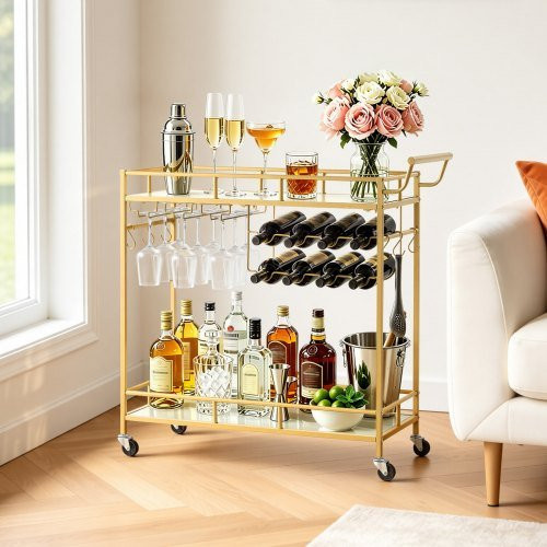 VEVOR Barwagen in Gold mit 2 Ebenen, moderner Servierwagen mit verspiegelten Glasablagen, Glashalter und Weinablage für Wohnzimmer, Esszimmer und Küche - Bild 1