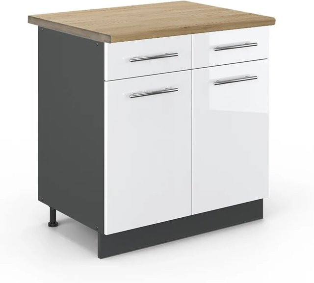 Vicco Küchenunterschrank Fame-Line in Weiß Hochglanz und Anthrazit mit Eiche-Optik, B: 80 cm, T: 60 cm, H: 82 cm - Bild 1