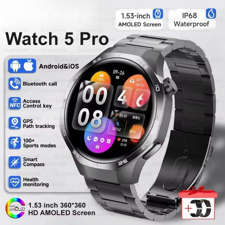 GT5 Max Smartwatch mit HD AMOLED Bildschirm, NFC, Bluetooth Anruffunktion und Gesundheitsüberwachung, Farbe: Grau, Material: Black Steel