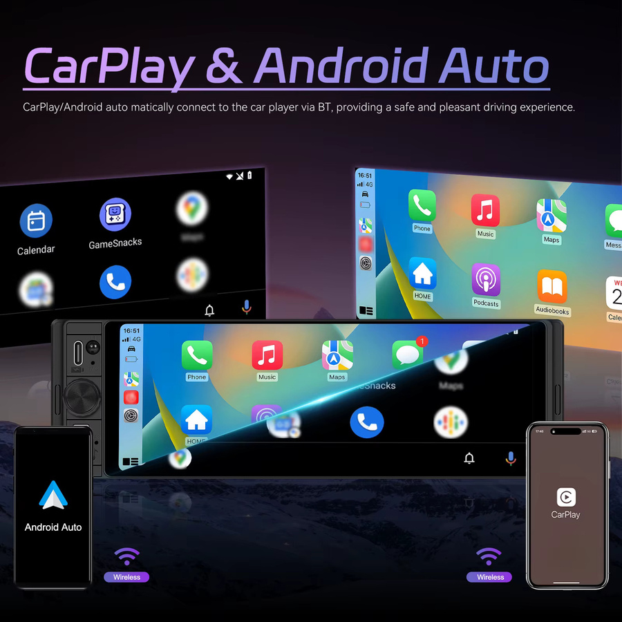 Podofo Multimedia-Autoradio mit 2GB RAM und 64GB Speicher, 1DIN Carplay und Android Auto, GPS, WLAN, Mirror Link und EQ Sound Player in Schwarz - Bild 2