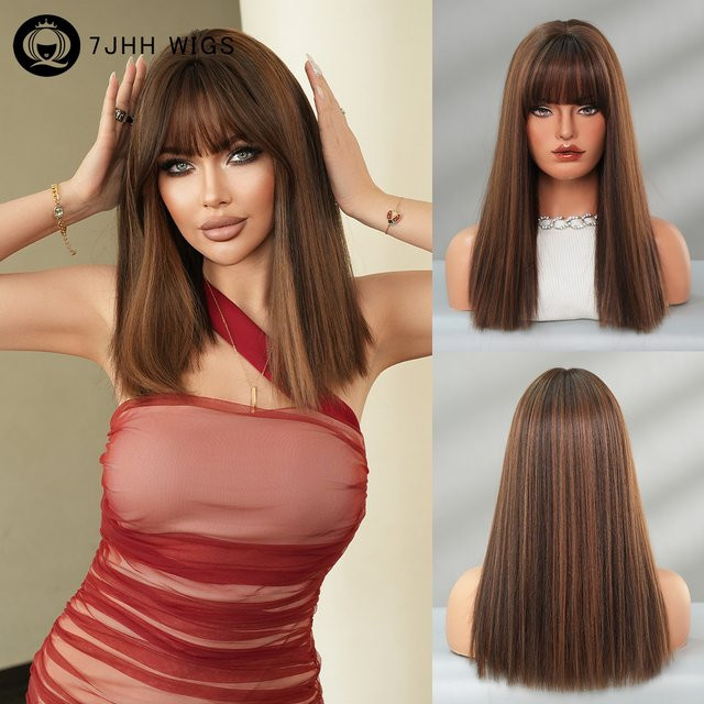 7JHH WIGS Perücke, schulterlang, glatt, braun, mit Pony, Damen - Bild 1