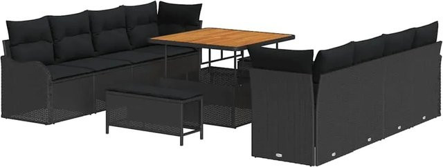 vidaXL 11-teiliges Garten-Sofaset aus schwarzem Polyrattan und Akazie mit Kissen in Schwarz und Braun - Bild 1