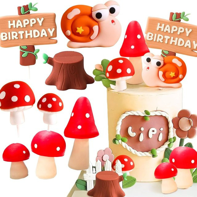 LaVenty Woodland Cake Topper mit Pilzen und Schnecken in Rot für Wald-Themen, Babyparty und Geburtstag - Bild 1