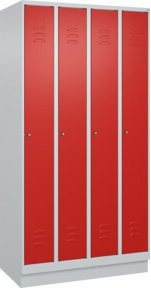 C+P Spind Classic PLUS Garderobenschrank mit Sockel, 4 Abteile, Grau/Rot, H x B x T: 195 x 100 x 50 cm, mit Zylinderschloss und 3 Garderobenhaken - Bild 1
