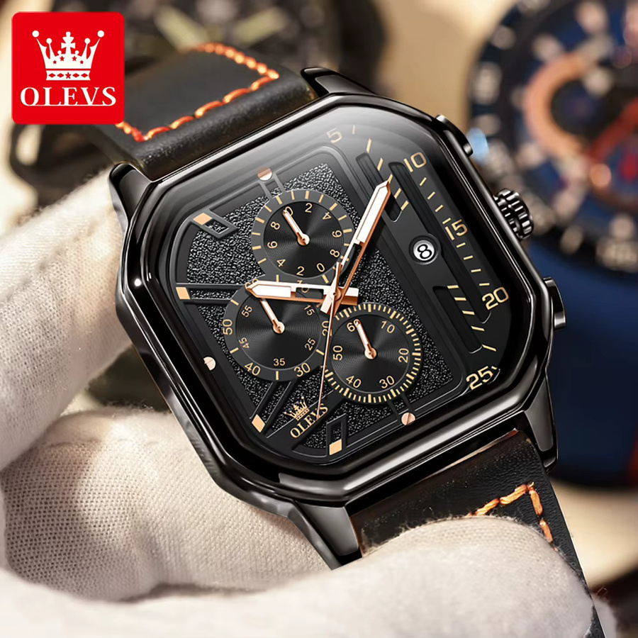 OLEVS Armbanduhr, Chronograph, Quarz, Leder, Schwarz, Herren - Bild 3