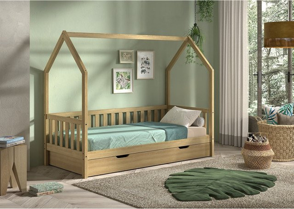 CABANE Hausbett für Kinder aus Eiche massiv natur mit Bettschublade und seitlicher Umrandung, B/T/H: 90 x 200 cm, braun