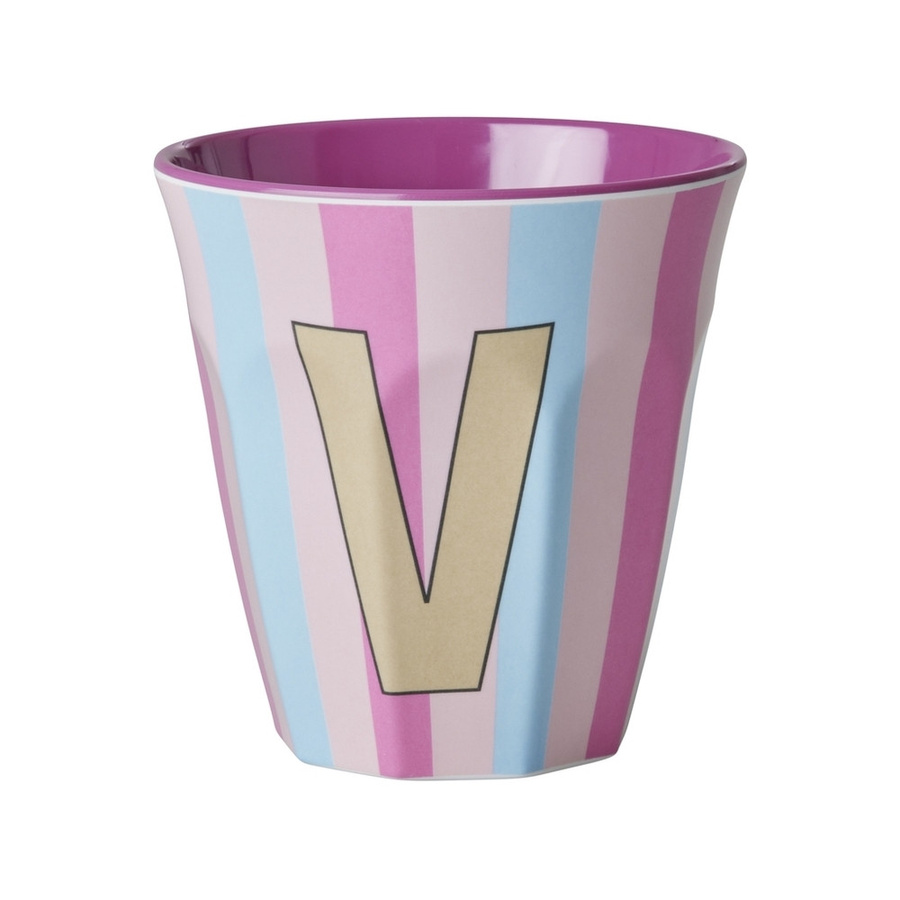 Rice Melamin Becher mit Streifen und Buchstabe V in Pink, 250ml - Bild 1