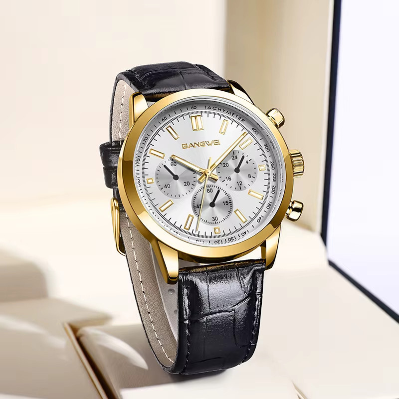 BANGWEI Armbanduhr, Quarz, Leder, Schwarz, Gold, Herren - Bild 4
