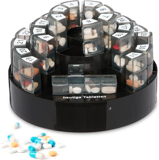 Relaxdays Tablettenbox aus Kunststoff in Schwarz und Weiß mit 31 Tagen und 4 Fächern, B: 21 cm, H: 14 cm, Gewicht: 550 g - Bild 1