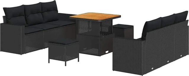 vidaXL Garten-Sofa-Set 9-teilig aus Poly-Rattan und Akazienholz in Schwarz mit Polstern - Bild 1