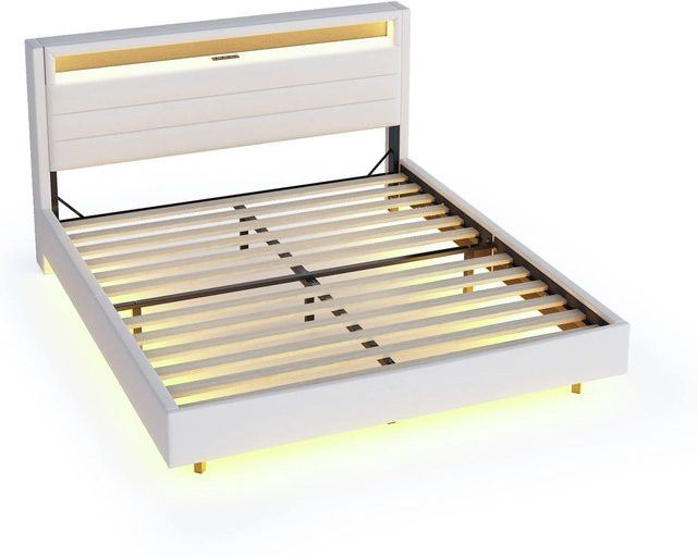 okwish Polsterbett Beige mit USB-Anschluss, LED-Beleuchtung und wendbarem Kopfteil B/T/H: 160 x 200 x 108 cm - Bild 1