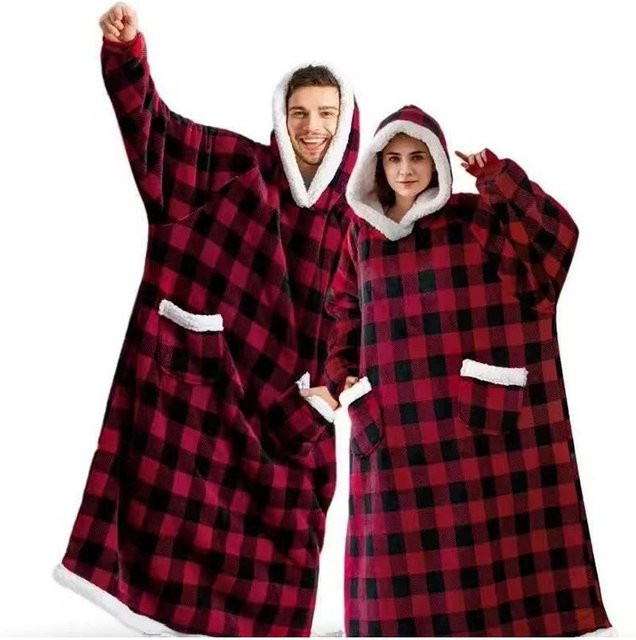 EGW Flanell-Decke mit Ärmeln und Kapuze, kariertes Fleece-Design in Rot, Unisex Kapuzen-Fleece-Decke für Herbst und Winter - Bild 1