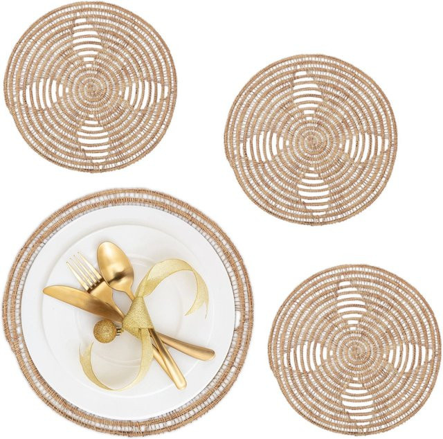 Relaxdays Tischset 4-teilig aus Palmenfaser in Natur Beige im Boho-Stil, abwischbar und hitzebeständig, Breite: 35 cm - Bild 1