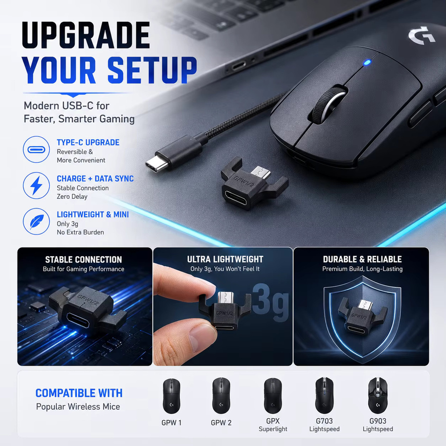 Logitech USB-C-Adapter für G Pro Wireless, GPX Superlight, G703 und G903 Mäuse, Micro-USB-zu-USB-C-Ladekonverter, Schwarz - Bild 5