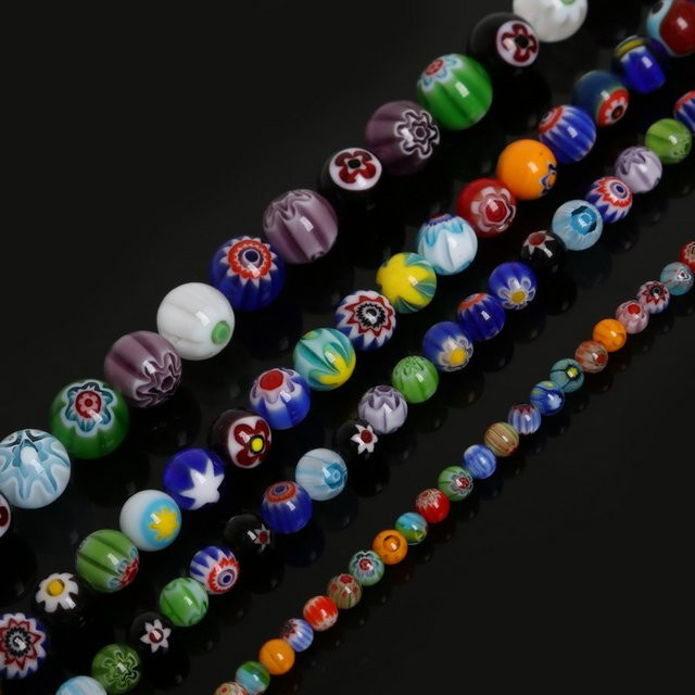 Glasperlen Millefiori Blume, Mix Farben, 4/6/8/10mm, 39cm - Bild 1