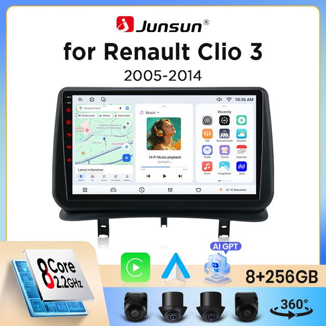 Junsun Wireless CarPlay und Android Auto Autoradio für Renault Clio 3 (2005-2014) mit GPS-Navigation, WiFi, Bluetooth, DSP, RDS und IPS-Touchscreen in Schwarz - Bild 1