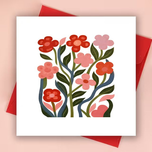 Set aus 2 Teilen: Quadratische Dankeskarte und Umschlag mit Cartoon-Blumendesign in Weiß und Braun - Bild 1