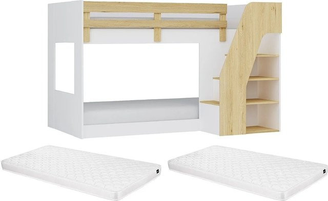 Etagenbett Narojas für Kinder in Naturfarben Hell und Weiß, B/T/H: 90 x 190 x 196,6 cm - Bild 1