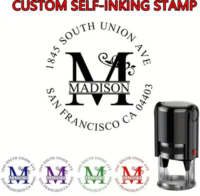 Personalisierter selbstfärbender Stempel mit rundem Logo-Design und individuellem Text, erhältlich in den Größen Durchmesser: 25 mm, 30 mm, 40 mm oder 50 mm, Farben Schwarz oder Grün - Bild 1