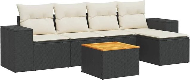 vidaXL 6-teilige Garten-Sofagarnitur aus Poly-Rattan und Akazienholz in Schwarz-Creme mit Kissen - Bild 1