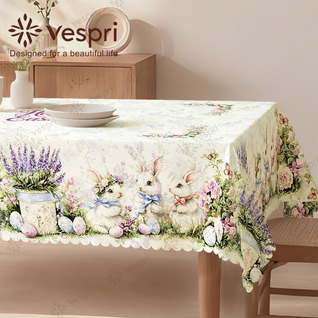 Vespri Oster-Tischdecke mit Blumen- und Eier-Mustern in Weiß-Hellgrün aus Polyester für deine Party - Bild 1