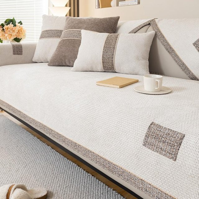 Chenille Sofakissenbezug mit quadratischem Gitter in Weiß, rutschfeste Sofamatte für das Wohnzimmer, Breite: 70 cm, Breite: 70 cm - Bild 1