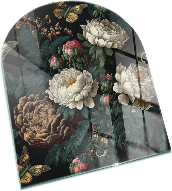 Tulup Kamin-Glasplatte in Grün mit Schmetterlings-Blumenmuster als Halbkreis, B: 80 cm, H: 70 cm - Bild 1
