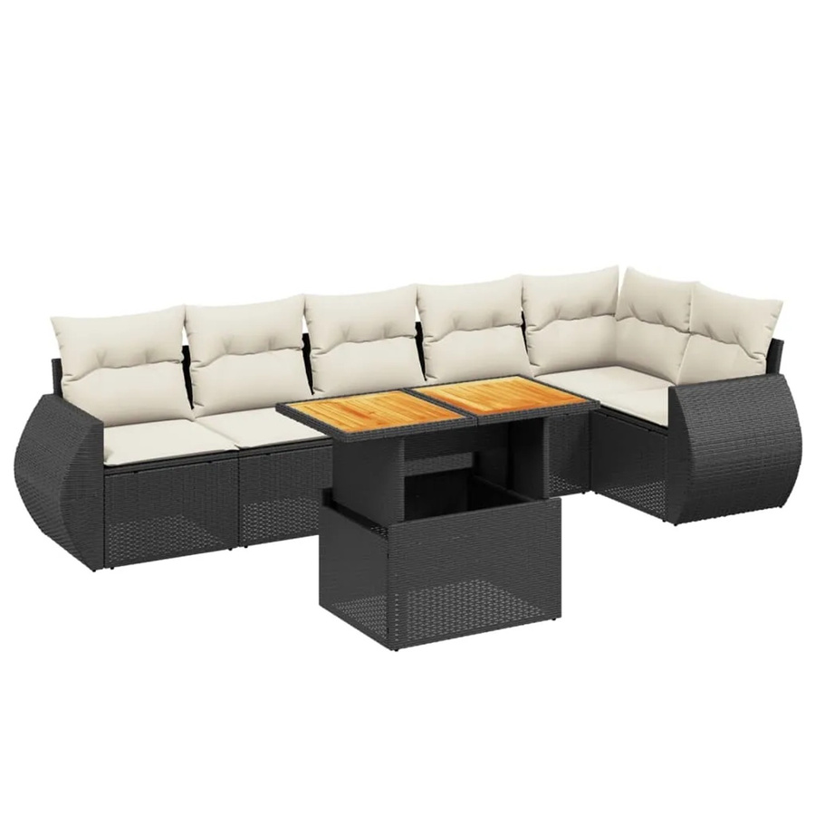 vidaXL 7-teilige Garten-Sofagarnitur in L-Form aus Poly-Rattan und Akazienholz mit Kissen in Schwarz-Creme - Bild 2