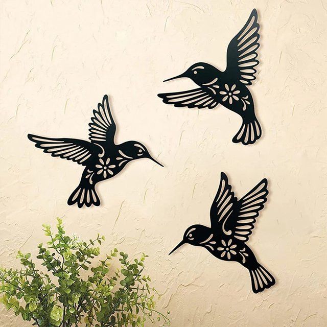 3-teiliges Set DDPNKL Kolibri Wanddekoration aus schwarzem Metall als Vogelskulptur und Eisenkunst-Ornament - Bild 1