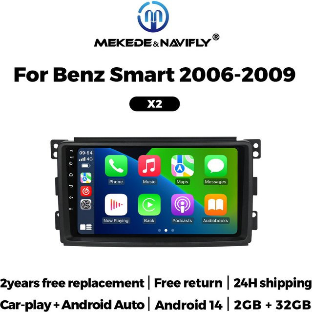 NAVIFANS Android 14 2Din Stereo Autoradio mit CarPlay und GPS für Mercedes Benz B200 und Smart Fortwo 451, Schwarz - Bild 1