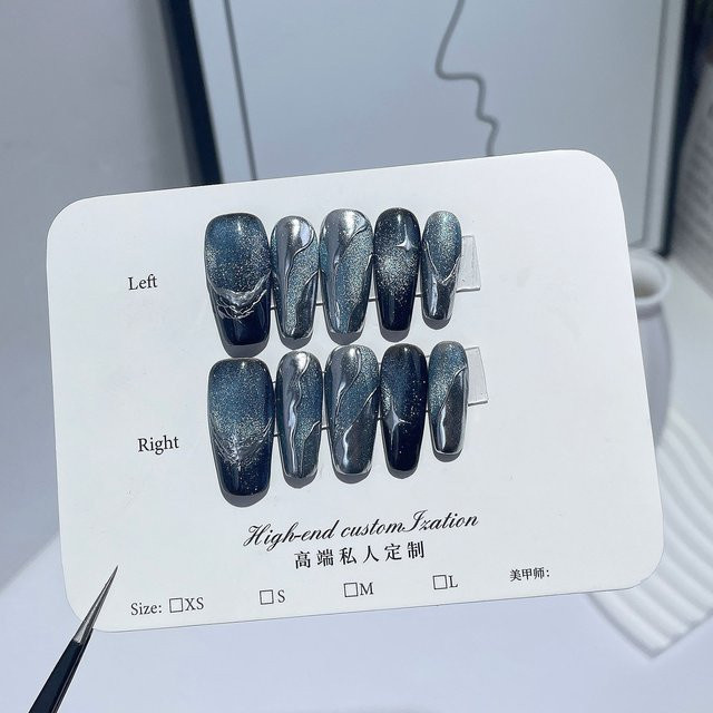 Qsezeny Press On Nails, 10 Stück, blau, Cat Eye Strass Design, glänzend - Bild 1