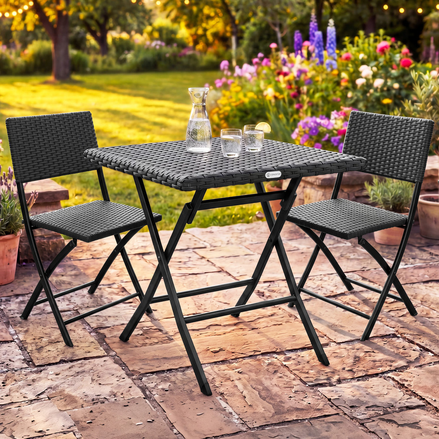 Casaria® 3-tlg. Polyrattan Gartensitzgruppe in Schwarz mit Metallgestell für Garten, Balkon oder Terrasse - Bild 2