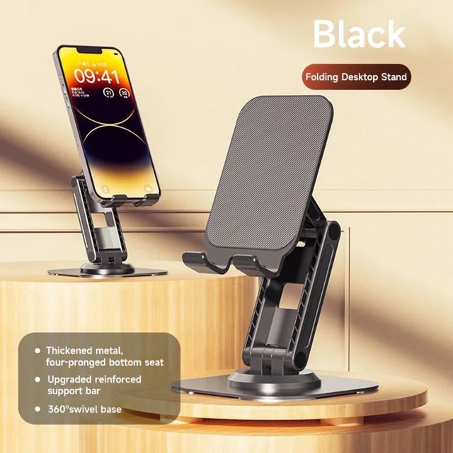 VIKEFON Faltbarer Handyhalter aus Metall in Schwarz, Verstellbarer Desktop-Tablet-Ständer für iPad und iPhone, Kompakter Smartphone-Schreibtischhalter - Bild 1